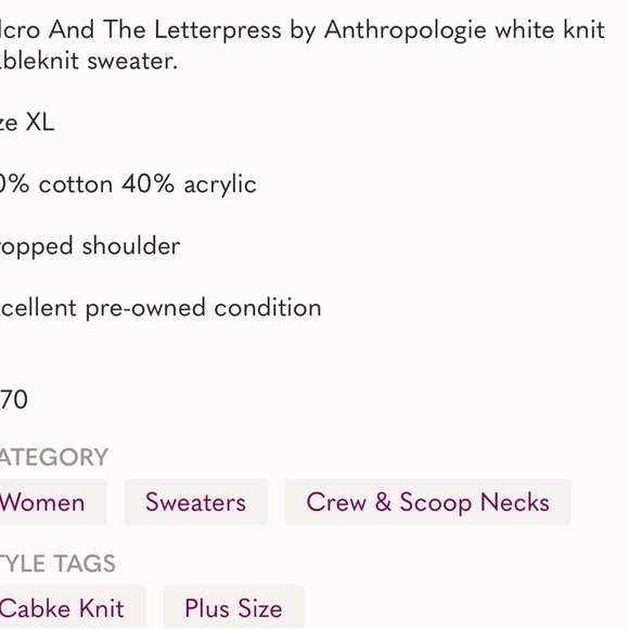 Anthropologie Jasmin Pilcro white cableknit sweater, XL Anthro Letterpress - Picture 15 of 15